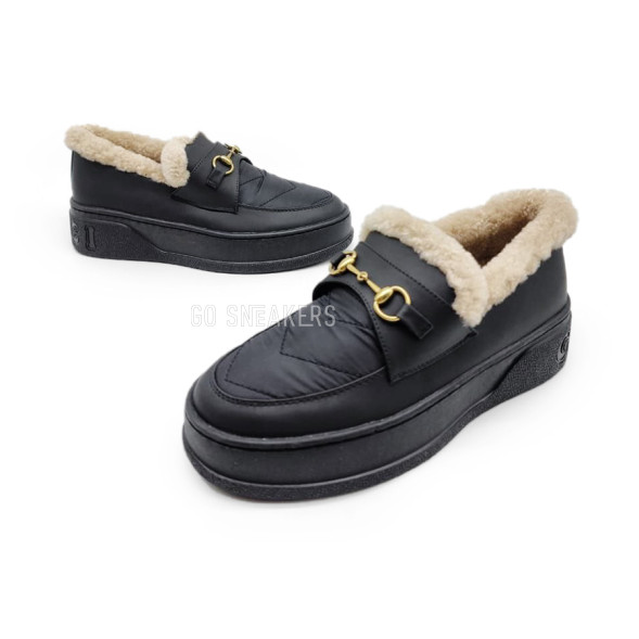 Женские зимние мокасины Gucci Moccasins Winter Leather Black